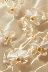 beautiful vanilla orchid flowers floating on the water, beige color palette