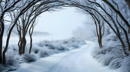 Obraz premium A serene, snowy path lined with bare trees, creating a tranquil winter landscape inviting exploration and reflection.
