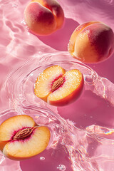 juicy sliced peaches floating on the water, pink background