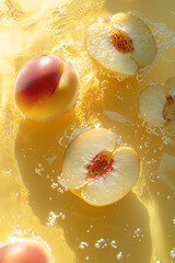 juicy peaches floating on the water in colorful background