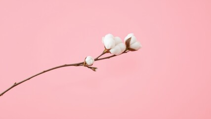 Delicate cotton plant branch with fluffy white blossoms against a soft pink background