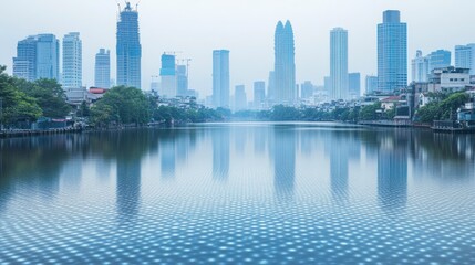 Fototapeta premium Serene City Skyline Reflected in Calm Water