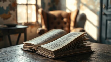 An antique book rests open on a rustic wooden table, bathed in sunlight streaming through a nearby window, with a comfortable chair softly blurred in the background.