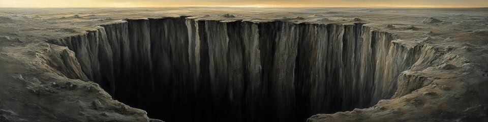 Stunning Deep Sinkhole in Barren Landscape Captures Natural Wonder and Geological Phenomenon with Atmospheric Sky and Expansive Terrain: Awe-Inspiring Earth Formation