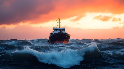 Cargo Ship Navigating Rough Seas Amid Stormy Skies and Towering Waves