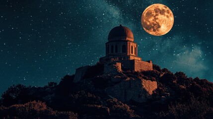Hilltop observatory under a large orange moon and starry night sky.