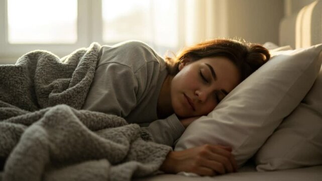 Young woman peacefully sleeping in her bed with sunlight shining softly in the morning