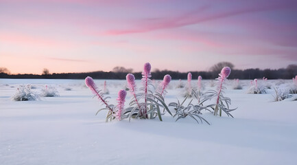 A serene snowy landscape featuring delicate pink flowers rising above the white blanket, set against a soft pastel sky at dawn.