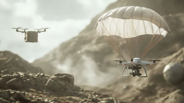 Drones Delivering Supplies With Parachutes Over Rocky Mountains During Daytime. Generative AI