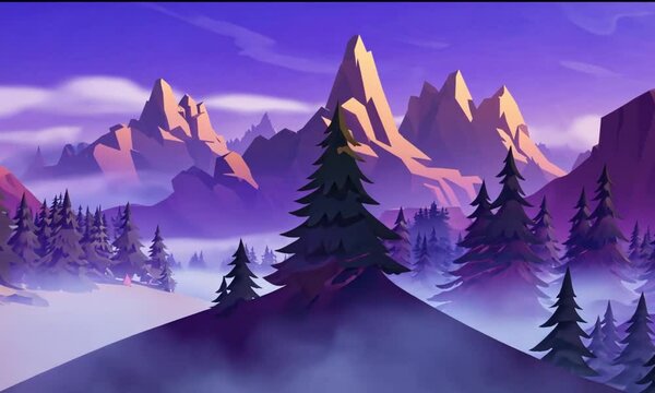 Animated cartoon background. Looped animation of mountain landscape with pine trees. Flat footage with parallax effect. side view