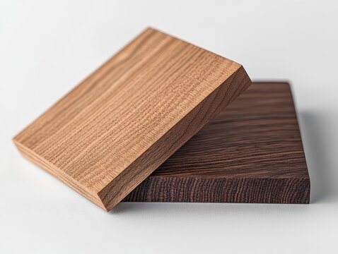 a minimalist product photography of two wood panel samples, one mff and one mfc, arranged diagonally with detailed surface texture visible, warm studio lighting