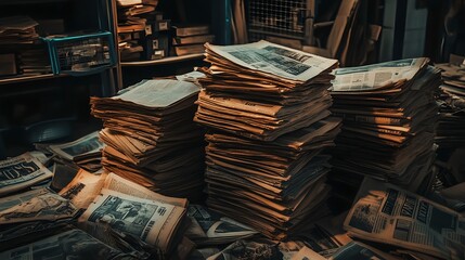 Nostalgic Sepia Toned Newspaper Piles with Photorealistic Detail