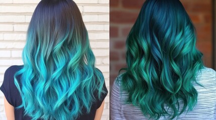 Two women with ombre teal and blue hair.