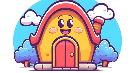 Naklejka premium Cute Kawaii-Style Cartoon Office Building with Smiling Windows and Friendly Door