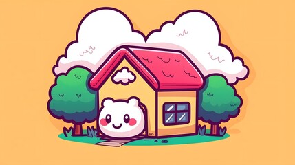 Cute Kawaii-Style Office Building with Smiling Windows and Friendly Door Surrounded by Tiny Trees