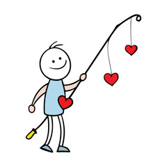 A charming stick figure sits on a boat, casting a line into the water, fishing for floating heart-shaped symbols of love, creating a whimsical and romantic scene.