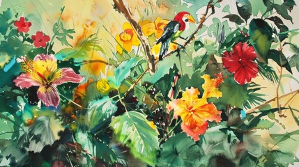Vibrant tropical garden with colorful flowers and bird in watercolor painting