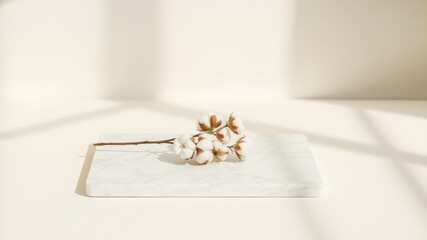 Serene cotton branch rests on a minimalist marble surface bathed in soft sunlight