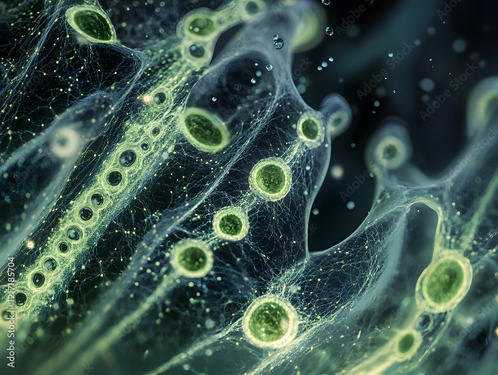 Poster Intricate Microscopic Network of Green Cells with Bubbles in an Ethereal and Abstract Background Featuring Organic Shapes and Textures