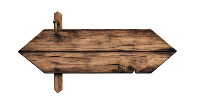  A wooden signboard hanging on a rope against an isolated transparent background, in a PNG - Powered by Adobe