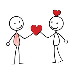 Two stick figures stand facing each other, exchanging hearts with joyful expressions. A simple, heartwarming scene symbolizing love, kindness, and connection.