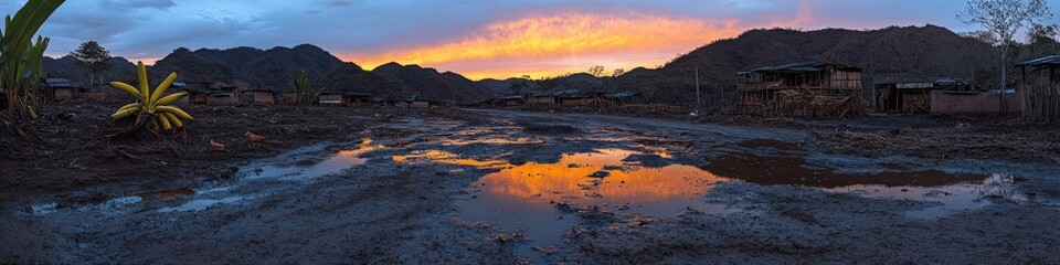 Fototapeta premium Stunning Desert Landscape at Sunset with Reflective Puddles and Mountain Silhouettes in Panorama View for Nature, Adventure, and Photography Enthusiasts