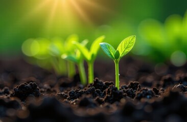 small green plants are growing in the soil. Selective focus, blurred sunny background