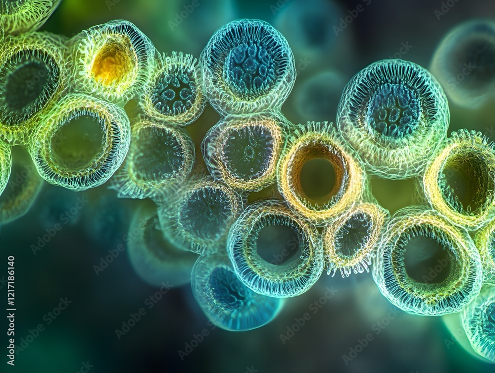 Poster Close-up Visualization of Colorful Microorganisms in a Transparent Medium, Displaying Intricate Structures and Patterns, for Educational and Scientific Use in Biology and Microscopy