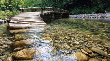 Obraz premium A serene wooden bridge crosses a clear stream, surrounded by lush greenery, offering a peaceful nature scene.