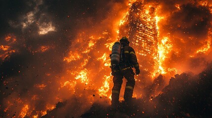 Fototapeta premium heroic firefighter battling intense flames amidst fiery inferno