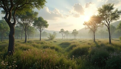Serene Sunrise Over Grassland And Trees