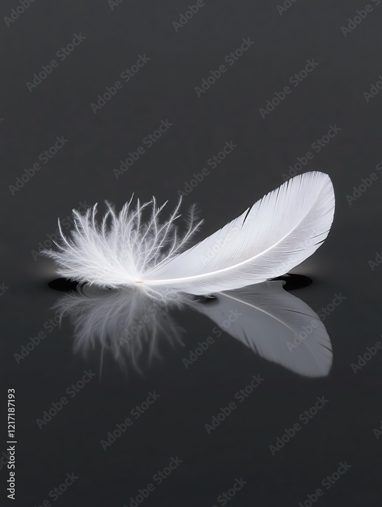 Canvas Prints Single white feather on dark reflective surface.