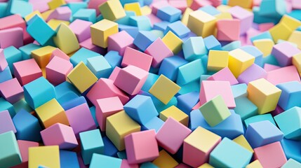 Obraz premium A close-up view of a variety of small, pastel-colored 3D blocks arranged in a seemingly random pattern.