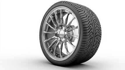 Obraz premium Sleek Silver Alloy Wheel with Black Tire on White Background