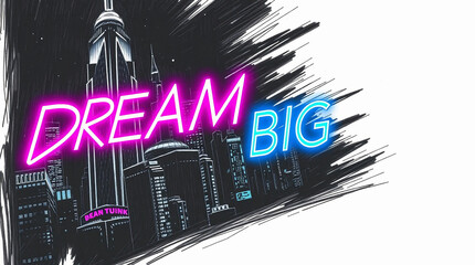 Glowing Neon 'DREAM BIG' Typography with Futuristic Cyberpunk Cityscape Background