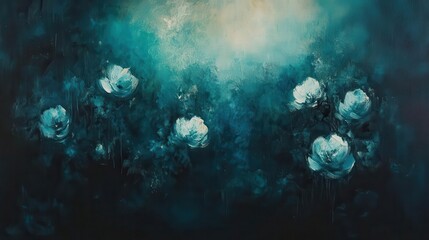 abstract floral artwork with deep teal blooms emerging from darkness, textural brushstrokes, moody atmospheric painting style