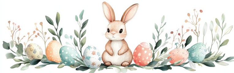 Obraz premium A watercolor illustration of a bunny with Easter eggs in a greenery wreath, symbolizing spring and celebration. Perfect for Easter decor, holiday visuals, and children's themes.