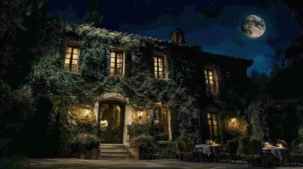 Ivy-covered stone house at night, illuminated windows, full moon.