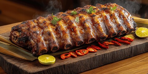 Succulent BBQ Pork Ribs with Grilled Vegetables and Lemon Garnish on Rustic Wooden Board - Perfectly Charred Juicy Ribs, Barbecue Feast for Meat Lovers