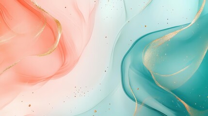 abstract fluid art background in pastel teal and coral, organic flowing shapes with metallic gold accents