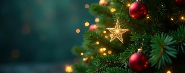 Naklejka premium Evergreen tree adorned with sparkling star decoration, twinkling star, ornaments, evergreen tree