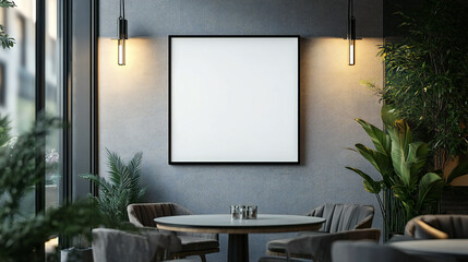 Modern restaurant interior with served tables and blank square poster mock up. 3d illustration. Walls and Empty Black Fram Artwork Mockup, 3d rendering
