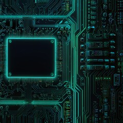 Fototapeta premium Neon-Lit Computer Motherboard with Circuit Tracks and Chips