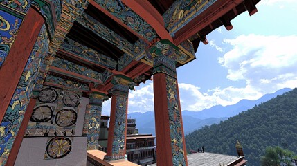 Tibetan stupa with elaborately painted details, surrounded by prayer wheels and mountain views, emphasizing the sacred design of the architecture. Tibetan architecture 