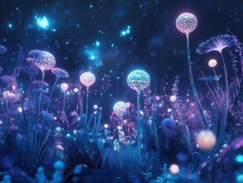 bioluminescent alien garden at twilight, featuring crystalline structures and floating orbs emitting soft ethereal light, with translucent flora in electric blues and purples