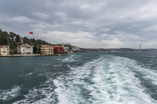 Beautiful view of the Bosphorus coast near the Kuleli Military High School on a cloudy day. Istanbul Turkey