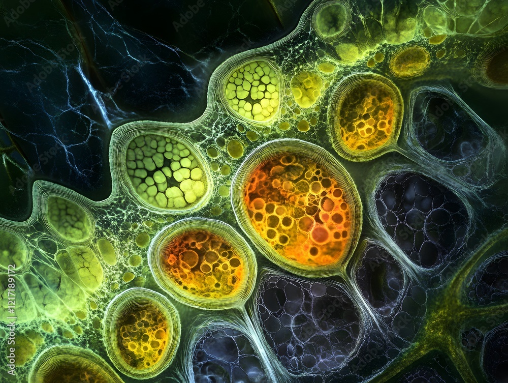 Poster Abstract colorful cellular structure showcasing organic forms and intricate patterns, with a vivid mix of yellow, orange, and green elements, symbolizing nature and growth.