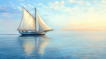 Fototapeta premium A serene sailboat glides across calm waters under a bright sky, capturing a peaceful moment of maritime beauty.