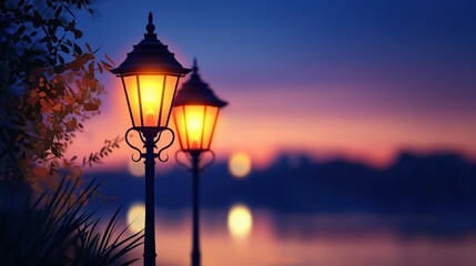 Two illuminated lanterns stand by a tranquil body of water at dusk, casting a warm glow against the serene twilight backdrop.