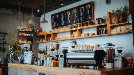 A coffee shop counter with a large overhead menu listing espresso drinks, cold brews, and fresh pastries.